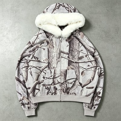 Tree Camo DTG Print Faux Fur Hood Trim Boxy Hoodie | Heavy fleece | Winter streetwear | Clothing Manufacturer