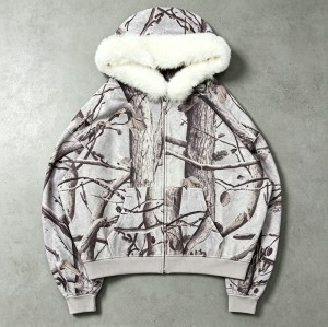 Tree Camo DTG Print Faux Fur Hood Trim Boxy Hoodie | Heavy fleece | Winter streetwear | Clothing Manufacturer