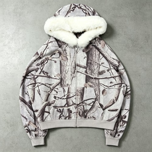 Tree Camo DTG Print Faux Fur Hood Trim Boxy Hoodie | Heavy fleece | Winter streetwear | Clothing Manufacturer