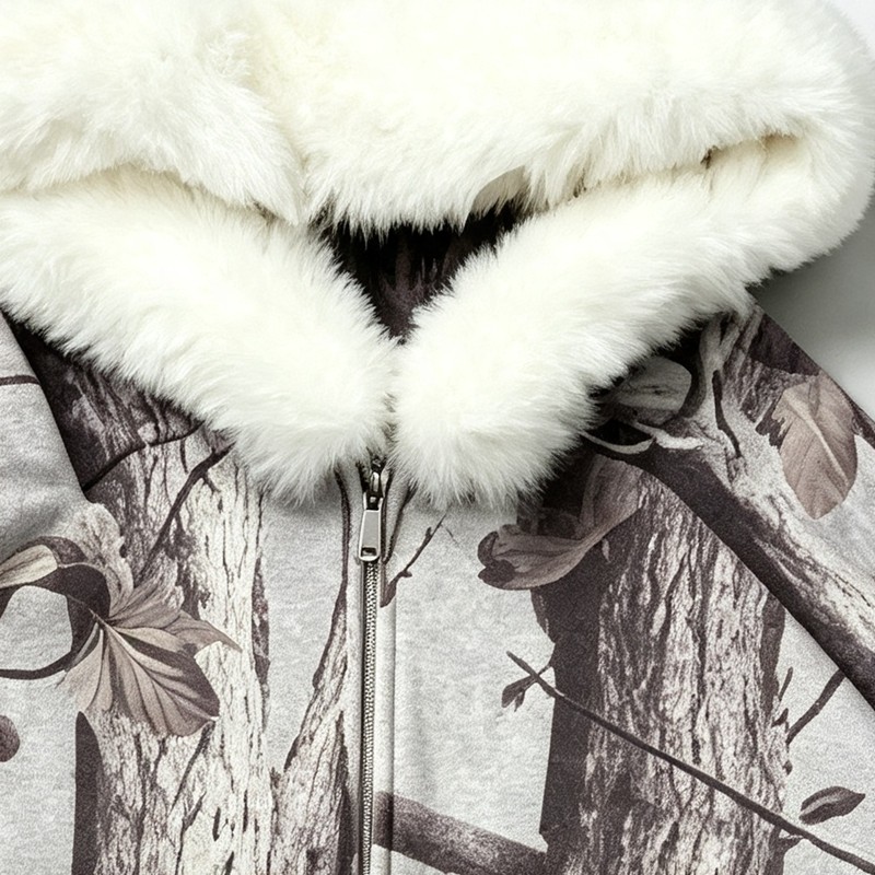 Tree Camo DTG Print Faux Fur Hood Trim Boxy Hoodie