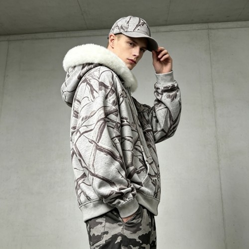 Tree Camo DTG Print Faux Fur Hood Trim Boxy Hoodie | Heavy fleece | Winter streetwear | Clothing Manufacturer