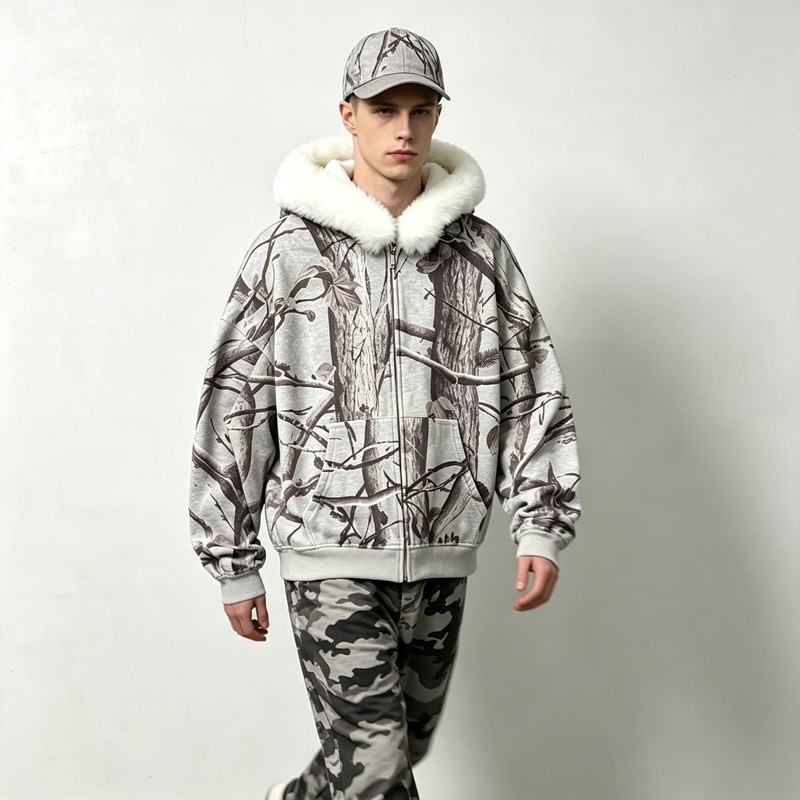 Tree Camo DTG Print Faux Fur Hood Trim Boxy Hoodie