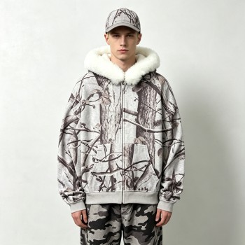 Tree Camo DTG Print Faux Fur Hood Trim Boxy Hoodie | Heavy fleece | Winter streetwear | Clothing Manufacturer