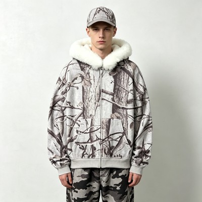 Tree Camo DTG Print Faux Fur Hood Trim Boxy Hoodie | Heavy fleece | Winter streetwear | Clothing Manufacturer