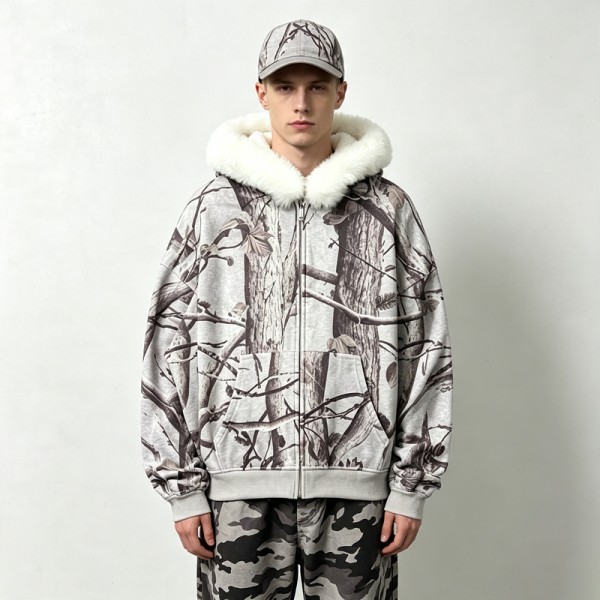 Tree Camo DTG Print Faux Fur Hood Trim Boxy Hoodie | Heavy fleece | Winter streetwear | Clothing Manufacturer