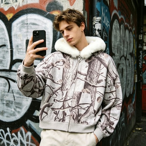 Tree Camo DTG Print Faux Fur Hood Trim Boxy Hoodie | Heavy fleece | Winter streetwear | Clothing Manufacturer