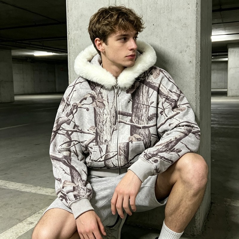 Tree Camo DTG Print Faux Fur Hood Trim Boxy Hoodie