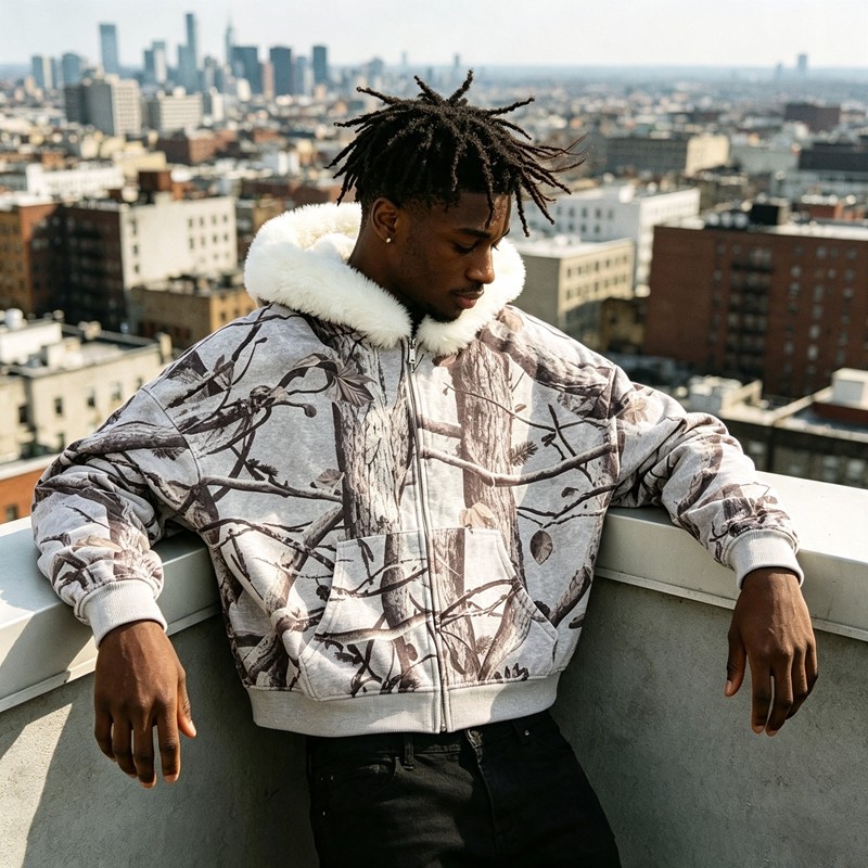 Tree Camo DTG Print Faux Fur Hood Trim Boxy Hoodie