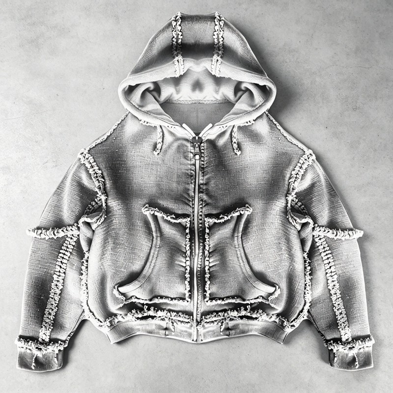Vintage Washed Raw Fringe Stitching Boxy Cropped Hoodie