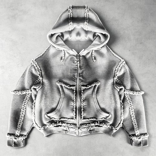 Vintage Washed Raw Fringe Stitching Boxy Cropped Hoodie | Heavyweight cotton | Grunge streetwear | OEM Streetwear