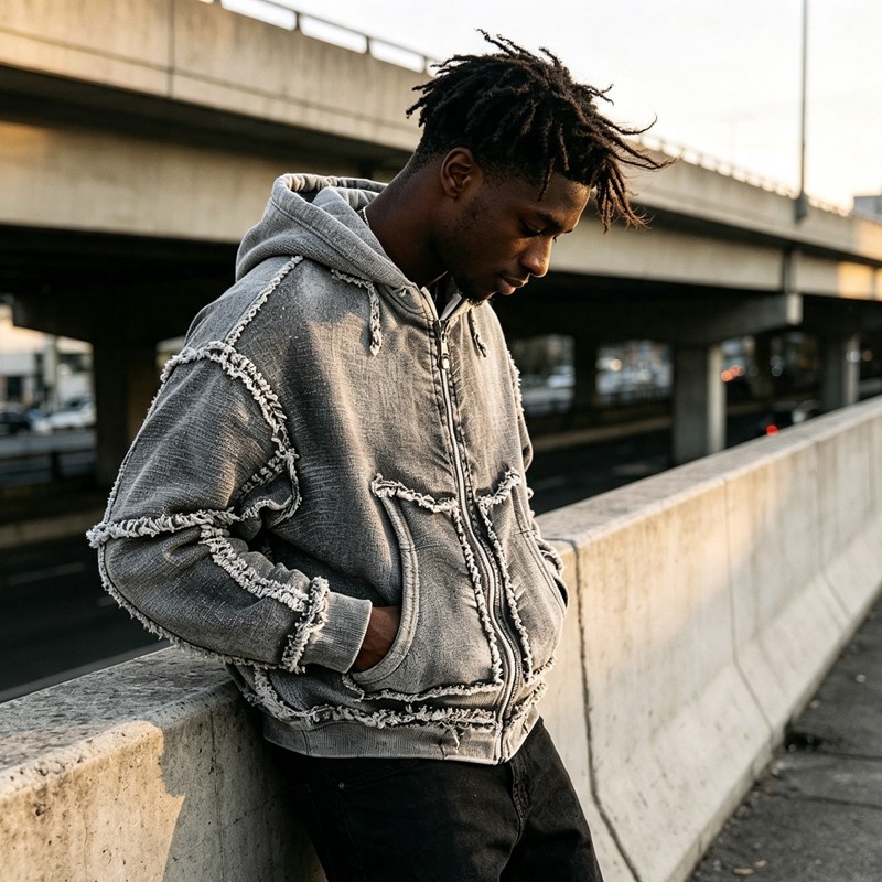 Vintage Washed Raw Fringe Stitching Boxy Cropped Hoodie