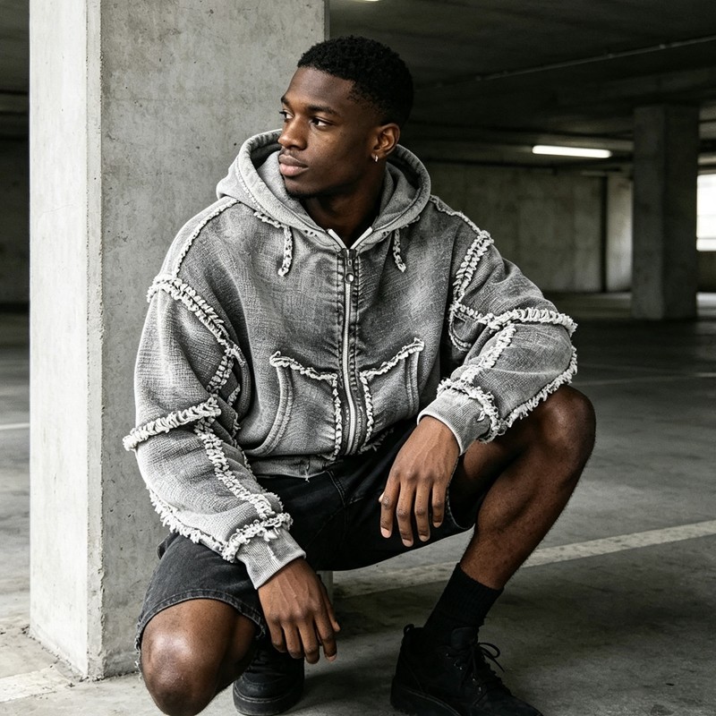 Vintage Washed Raw Fringe Stitching Boxy Cropped Hoodie