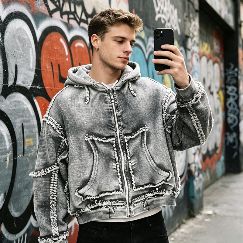 Vintage Washed Raw Fringe Stitching Boxy Cropped Hoodie