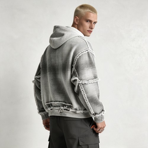 Vintage Washed Raw Fringe Stitching Boxy Cropped Hoodie | Heavyweight cotton | Grunge streetwear | OEM Streetwear