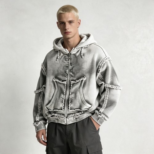 Vintage Washed Raw Fringe Stitching Boxy Cropped Hoodie | Heavyweight cotton | Grunge streetwear | OEM Streetwear