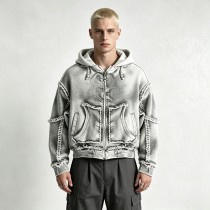 Vintage Washed Raw Fringe Stitching Boxy Cropped Hoodie | Heavyweight cotton | Grunge streetwear | OEM Streetwear