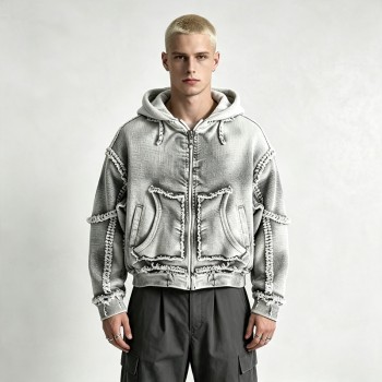 Vintage Washed Raw Fringe Stitching Boxy Cropped Hoodie | Heavyweight cotton | Grunge streetwear | OEM Streetwear