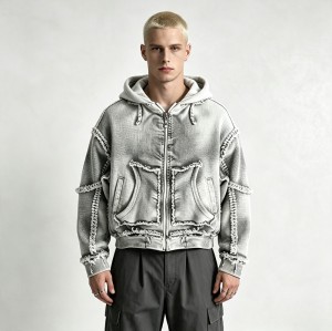 Vintage Washed Raw Fringe Stitching Boxy Cropped Hoodie | Heavyweight cotton | Grunge streetwear | OEM Streetwear