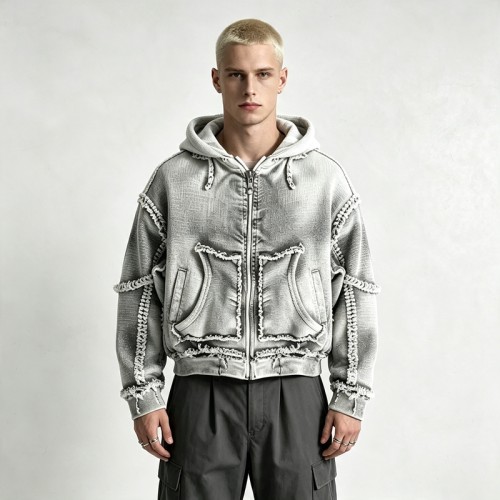 Vintage Washed Raw Fringe Stitching Boxy Cropped Hoodie | Heavyweight cotton | Grunge streetwear | OEM Streetwear
