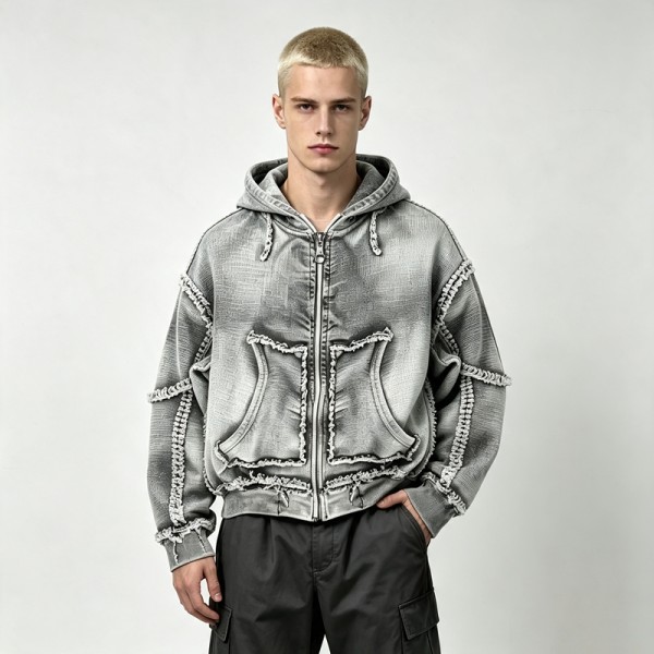 Vintage Washed Raw Fringe Stitching Boxy Cropped Hoodie | Heavyweight cotton | Grunge streetwear | OEM Streetwear