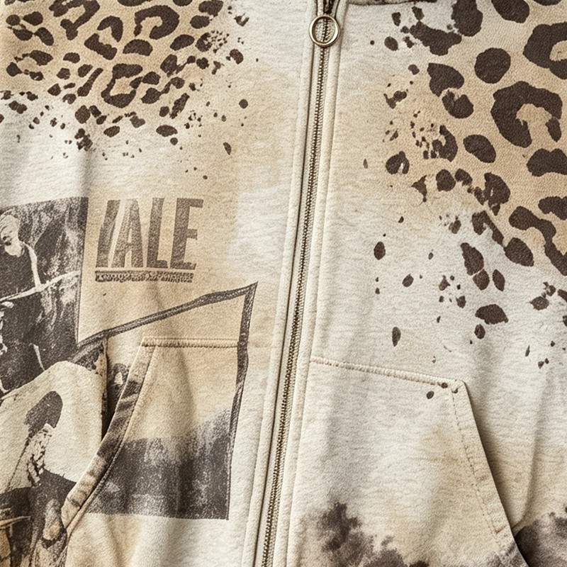Vintage Washed Leopard DTG Print Applique Boxy Hoodie