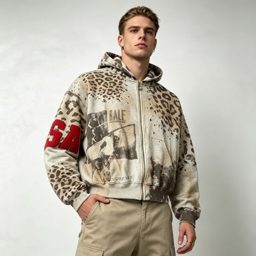 Vintage Washed Leopard DTG Print Applique Boxy Hoodie | Heavy cotton | Y2K street fashion | Streetwear Manufacturer