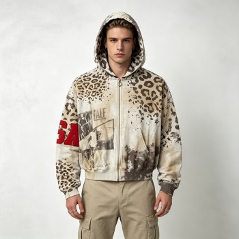 Vintage Washed Leopard DTG Print Applique Boxy Hoodie | Heavy cotton | Y2K street fashion | Streetwear Manufacturer
