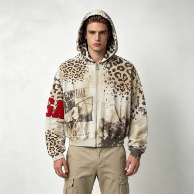 Vintage Washed Leopard DTG Print Applique Boxy Hoodie | Heavy cotton | Y2K street fashion | Streetwear Manufacturer
