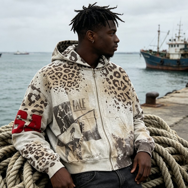 Vintage Washed Leopard DTG Print Applique Boxy Hoodie