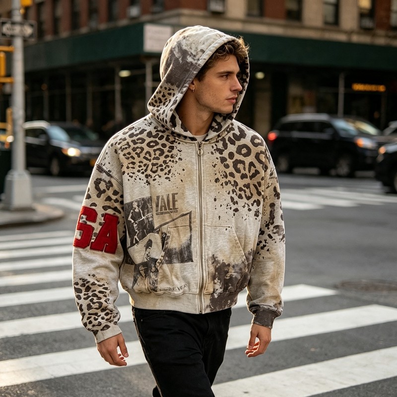 Vintage Washed Leopard DTG Print Applique Boxy Hoodie