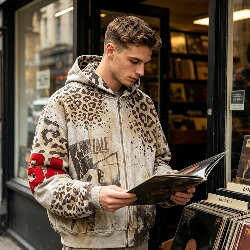 Vintage Washed Leopard DTG Print Applique Boxy Hoodie