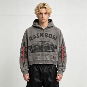 Cropped Vintage Washed DTG Print Boxy Hoodie | Classic Car Graphic Hoodie | Retro Streetwear | OEM Streetwear