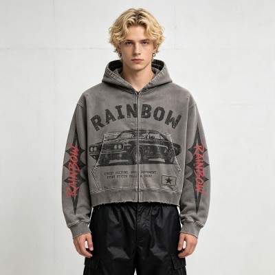 Cropped Vintage Washed DTG Print Boxy Hoodie | Classic Car Graphic Hoodie | Retro Streetwear | OEM Streetwear