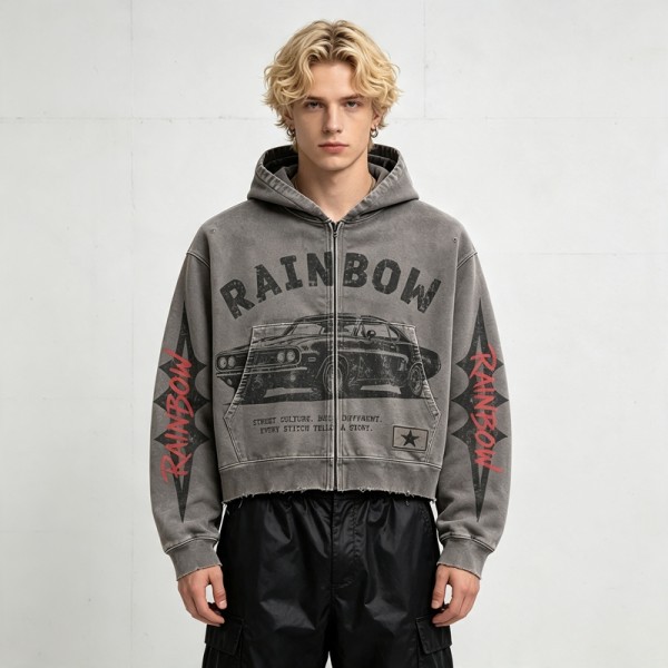 Cropped Vintage Washed DTG Print Boxy Hoodie | Classic Car Graphic Hoodie | Retro Streetwear | OEM Streetwear