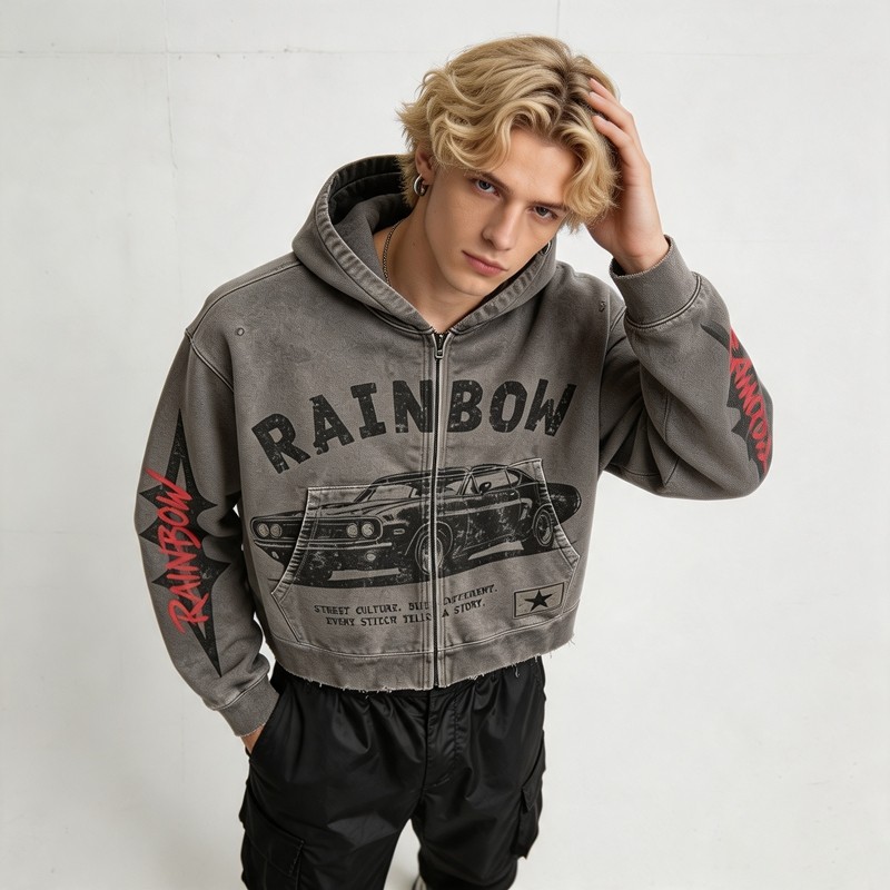 Cropped Vintage Washed DTG Print Boxy Hoodie