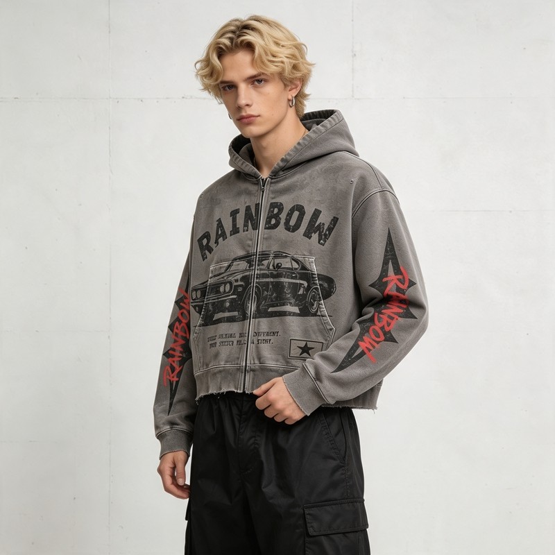 Cropped Vintage Washed DTG Print Boxy Hoodie