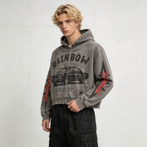Cropped Vintage Washed DTG Print Boxy Hoodie | Classic Car Graphic Hoodie | Retro Streetwear | OEM Streetwear