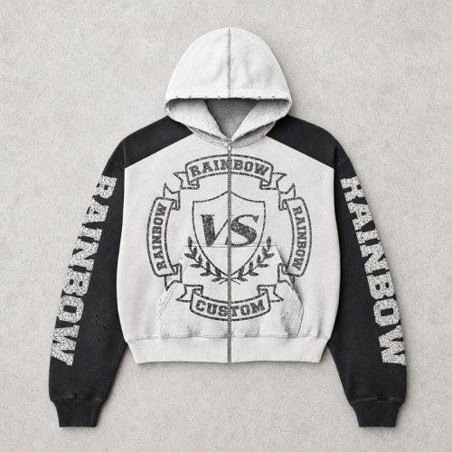 Vintage Washed DTG Print Raglan Cropped Boxy Hoodie | Color Block Crest Graphic | OEM Streetwear