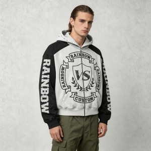 Vintage Washed DTG Print Raglan Cropped Boxy Hoodie | Color Block Crest Graphic | OEM Streetwear