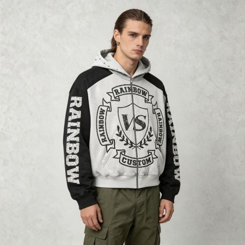 Vintage Washed DTG Print Raglan Cropped Boxy Hoodie | Color Block Crest Graphic | OEM Streetwear