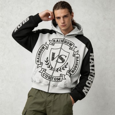 Vintage Washed DTG Print Raglan Cropped Boxy Hoodie | Color Block Crest Graphic | OEM Streetwear