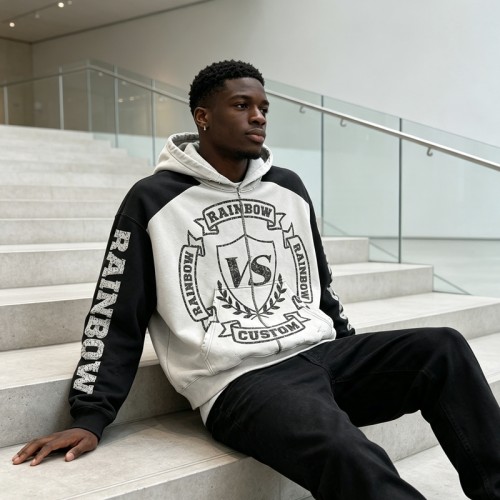 Vintage Washed DTG Print Raglan Cropped Boxy Hoodie | Color Block Crest Graphic | OEM Streetwear