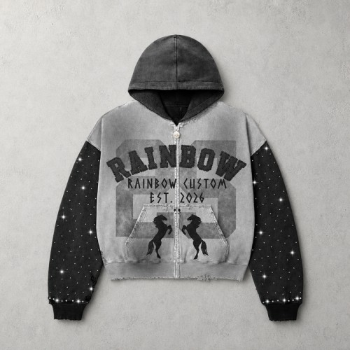 Vintage Washed Spray dye Applique DTG Screen Print Rhinestone Studs Boxy Hoodie | Color Block Horse Graphic | Custom Streetwear