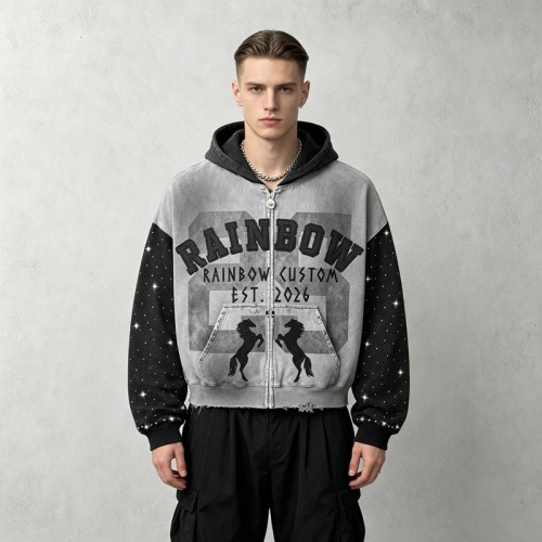 Vintage Washed Spray dye Applique DTG Screen Print Rhinestone Studs Boxy Hoodie | Color Block Horse Graphic | Custom Streetwear