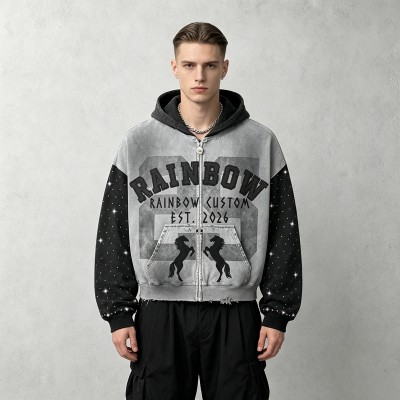 Vintage Washed Spray dye Applique DTG Screen Print Rhinestone Studs Boxy Hoodie | Color Block Horse Graphic | Custom Streetwear