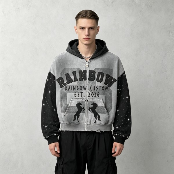 Vintage Washed Spray dye Applique DTG Screen Print Rhinestone Studs Boxy Hoodie | Color Block Horse Graphic | Custom Streetwear