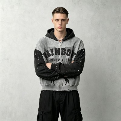 Vintage Washed Spray dye Applique DTG Screen Print Rhinestone Studs Boxy Hoodie | Color Block Horse Graphic | Custom Streetwear