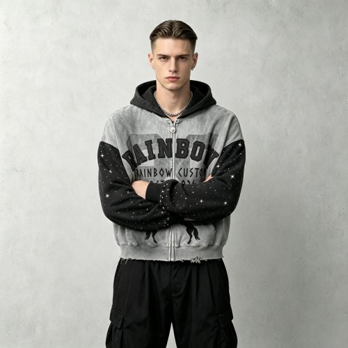Vintage Washed Spray dye Applique DTG Screen Print Rhinestone Studs Boxy Hoodie | Color Block Horse Graphic | Custom Streetwear