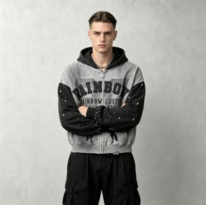 Vintage Washed Spray dye Applique DTG Screen Print Rhinestone Studs Boxy Hoodie | Color Block Horse Graphic | Custom Streetwear