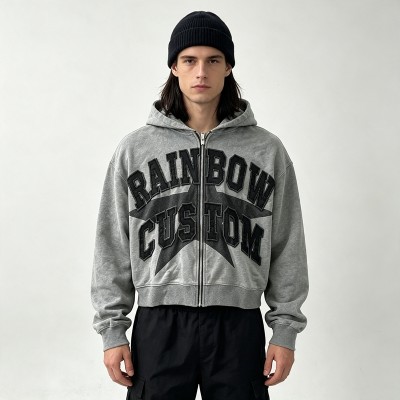 Vintage Washed Star Graphic Applique DTG Print Boxy Hoodie | Heavy cotton Varsity streetwear | OEM Streetwear